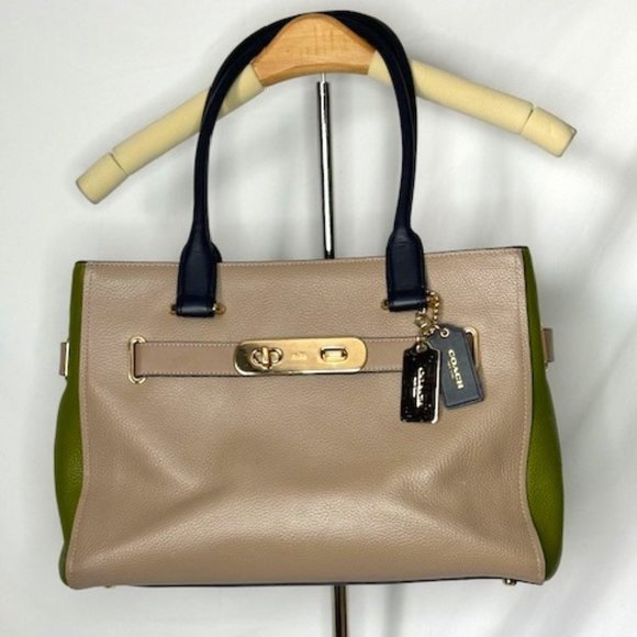 COACH Swagger Satchel, Taupe/Green/Navy with Gold Hardware - Picture 1 of 11